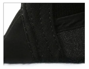 Detail of widened sweatband and fine stitching on the black twill baseball cap