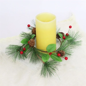Artificial Christmas candle ring with pine needles, red berries and pine cones decor