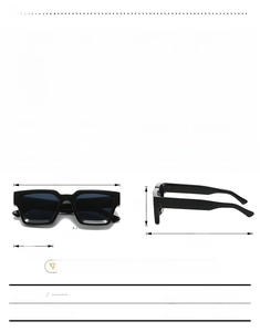 Detailed size chart and dimensions of the black square frame sunglasses with PC material