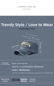 Detailed size chart for the washed cotton baseball cap with 1947 Brooklyn embroidery