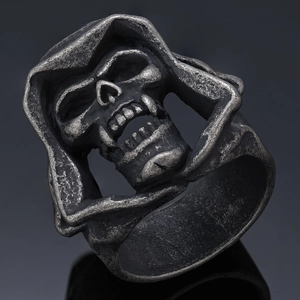 Vintage silver gothic skull ring with hip-hop punk style in a wide band design