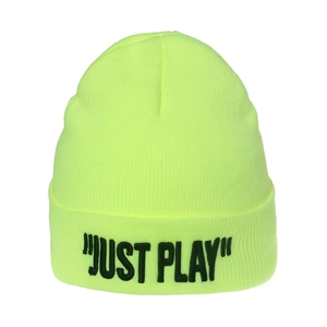 Neon yellow knitted beanie with JUST PLAY embroidery and cozy ear protection for women