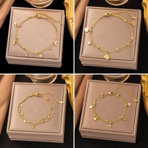 Double-layered gold heart and star anklet set in high-quality stainless steel