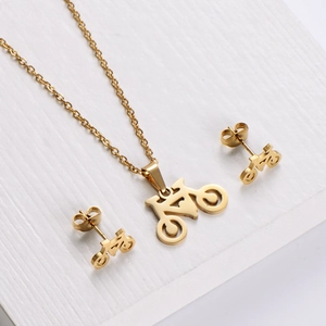 Golden bicycle necklace and earrings set with polished stainless steel finish