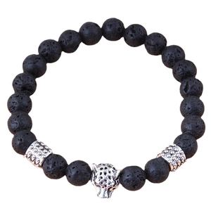 Men's natural black lava stone beaded bracelet featuring a silver leopard head charm