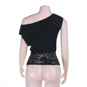 Detail of black one-shoulder cropped top featuring sheer lace patchwork on the back