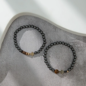 Streetwear hematite bead bracelet set with small metal cross pendants for men