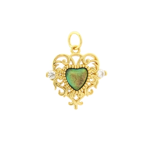Detailed macro view of 18K gold-plated heart pendant with green crystal and zircons