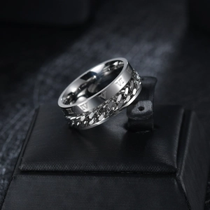 Men's spinning stainless steel ring with Roman numerals and cuban chain design