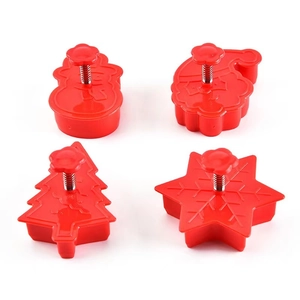 4-piece red plastic Christmas cookie cutters including snowman, Santa, tree, and snowflake
