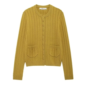Women Cable Knit Cardigan Sweater Round Neck Long Sleeve Button Down Mustard Yellow Solid Color Casual Outwear With Pockets
