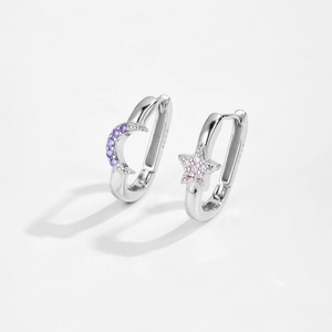 Asymmetric S925 sterling silver hoop earrings with purple moon and pink star charms
