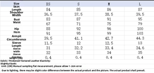 Size chart for crew neck short sleeve PU leather dress with XS to L measurements