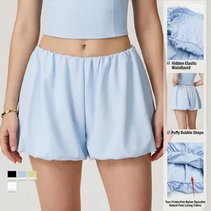 Women's light blue breathable yoga shorts with bubble hem and hidden elastic waistband