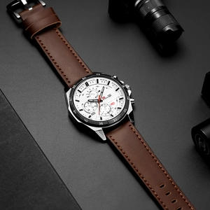 Men's waterproof sport quartz watch with brown leather strap and white dial