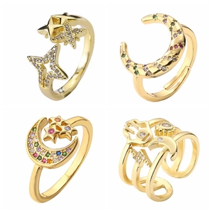 Bohemian Copper Open Rings Colorful Zircon Inlaid Moon Star Hamsa Hand Evil Eye Adjustable Fashion Jewelry For Women