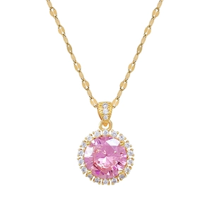 Titanium steel necklace with large round pink gemstone pendant and micro-pave crystals