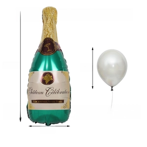 Detail view of large champagne bottle foil balloon set showing precise inch dimensions
