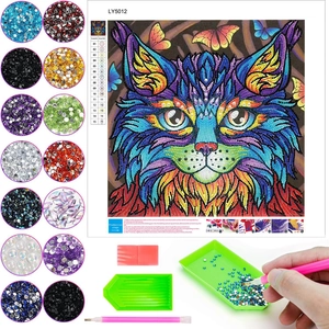 5D DIY diamond painting kit featuring a colorful cat motif with 15 resin rhinestone bags