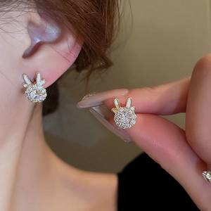 Luxury gold plated rabbit stud earrings with white enamel and sparkling zircon stones