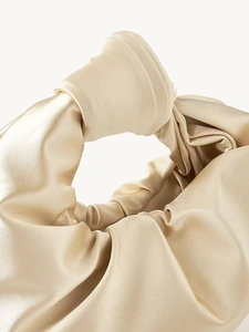 Beige pleated satin cloud handbag with knotted handle for elegant wedding evening parties