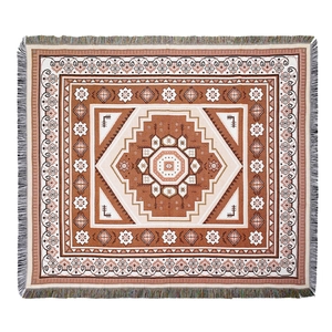 Bohemian geometric cotton weave picnic blanket with fringe edges in brown and beige tones