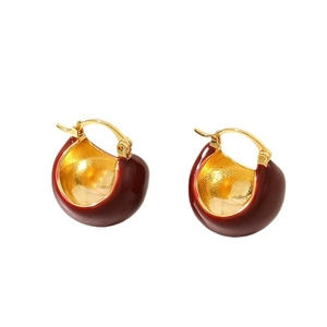 Minimalist vintage dark red enamel hoop earrings with high-end gold finish for women