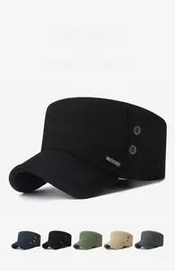 Detail of cotton flat top cadet cap featuring breathable metal eyelets and side logo plate