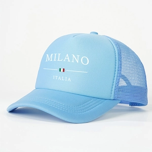 Light blue Milano Italia trucker cap with breathable mesh and adjustable strap back