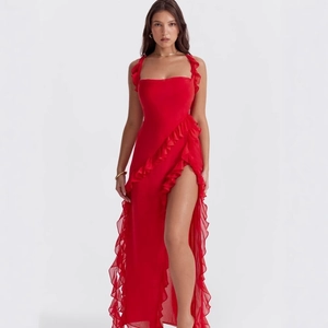 Elegant red ruffle split dress with thin straps and a square neckline for evening parties