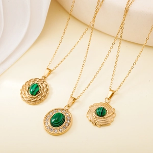 Golden stainless steel necklaces with green gemstone pendants in various shapes