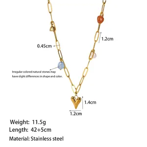 Gold plated stainless steel necklace with colorful natural stones and heart pendant