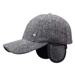 Winter baseball cap for men with ear flaps in grey plaid pattern and warm lining