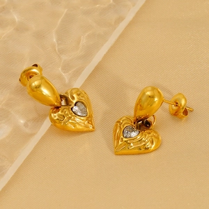 Gold-plated heart drop earrings with hammered texture and clear cubic zirconia stones