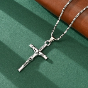 Hip hop silver crucifix necklace with INRI cross pendant and stainless steel box chain