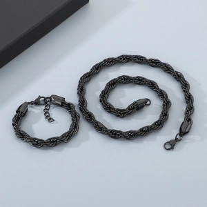 Detail of 10mm black twisted rope chain set with secure lobster clasps and extension chain