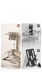 Detail of suction cup hanger organizer showing retractable wall-mount storage capacity