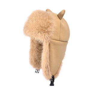 Winter thermal trapper hat in khaki wool with plush faux fur trim and cute 3D animal ears