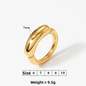 Detail shot of 7mm minimalist gold-plated dome ring showing size and weight specs