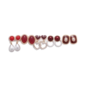 6-pair set of vintage geometric earrings with red enamel hearts and faux pearls