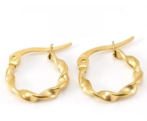 Detailed view of gold twisted rope hoop earrings featuring a secure hinged clasp closure