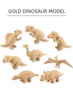 Close-up of 8 gold dinosaur models showing detailed skin textures and matte metallic finish