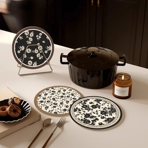 French vintage floral round absorbent coasters set with heat insulation and ceramic texture