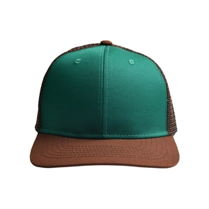 Detail view of the contrast stitching on a two-tone flat brim mesh trucker hat