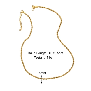 Detail view of 18k gold plated 6mm rope chain necklace with dimensions and lobster clasp
