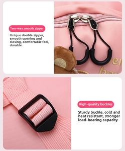 Detail of pink backpack featuring smooth dual zippers and durable plastic adjustment buckles