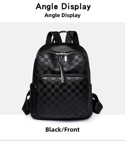 Front view of black checkered backpack with large zipper pocket and premium leather texture