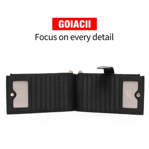 Large capacity black crossgrain leather long wallet with multiple card slots and gold zipper