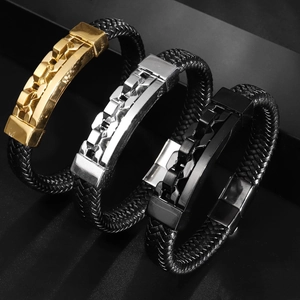 Men's hip hop braided leather bracelets with gold silver and black metal buckle charms