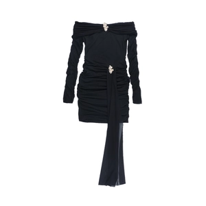 Sexy black off-shoulder long sleeve mini dress with ruched mesh and gold buckles